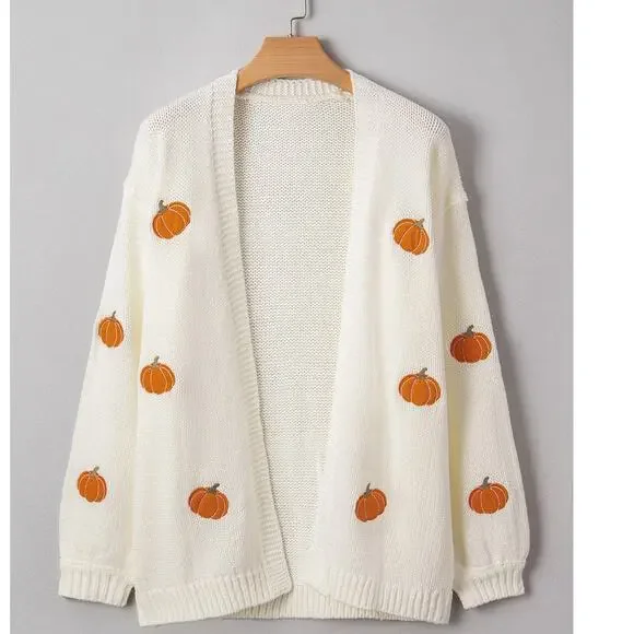 Beautiful White Pumpkin Print Open Front Drop Shoulder Midi Cardigan - Picture 4 of 7